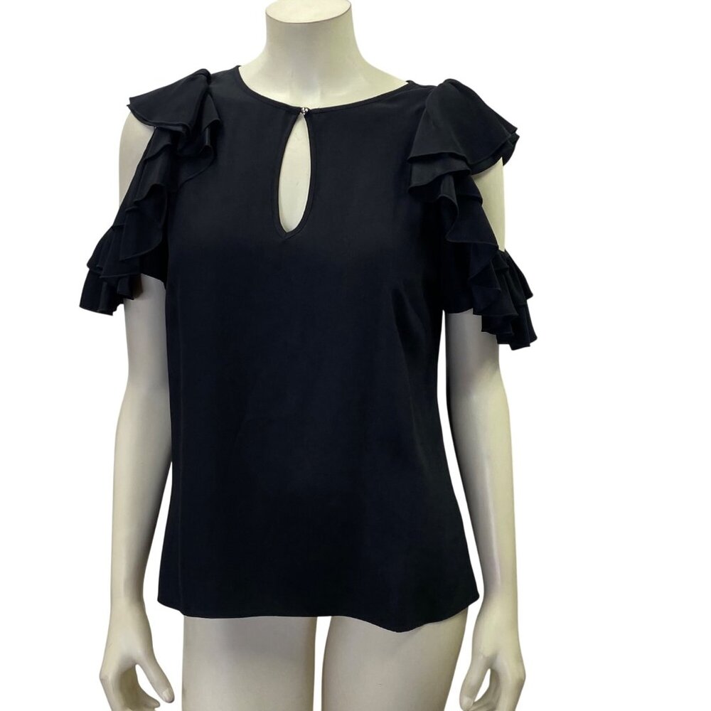 Parker Cold Shoulder Ruffle‎ Sleeve Black Blouse With Keyhole Front Sm